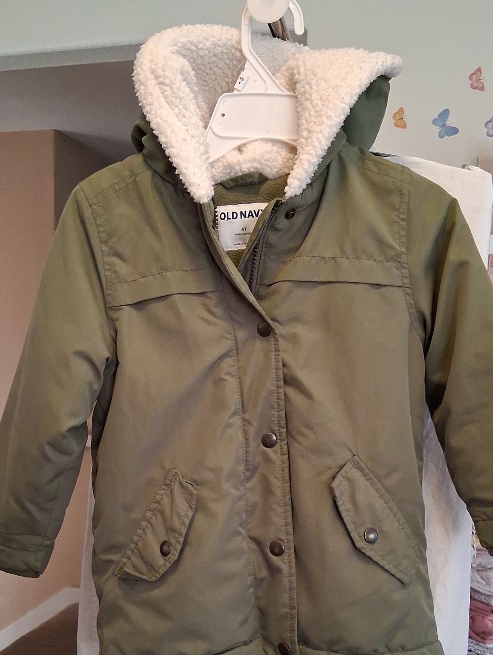Old Navy Kids Olive Hooded Puffer Coat with White Sherpa Lining